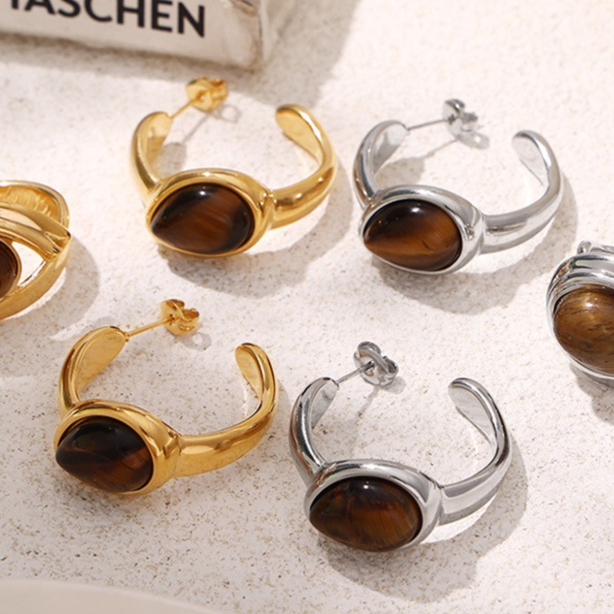 Stainless Steel Natural Tiger's Eye C-Hoop Earrings