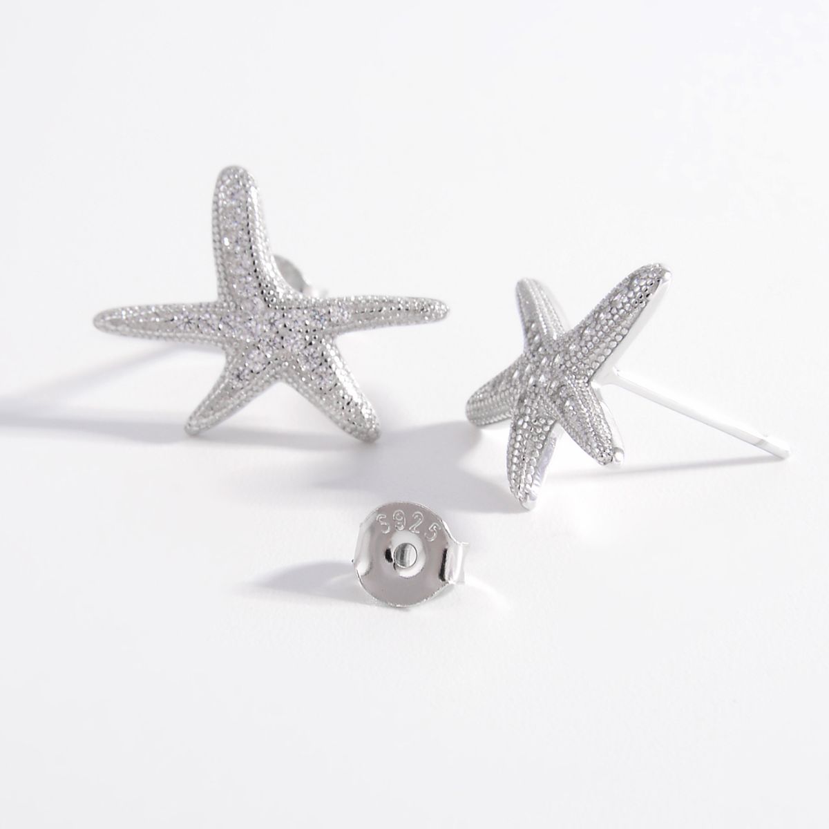 925 Sterling Silver Inlaid Zircon Starfish Earrings - AppealingDiamond.com