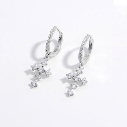 925 Sterling Silver Inlaid Zircon Cross Dangle Earrings