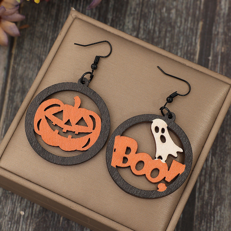 Hollow Pumpkin & Letter Wooden Earrings - AppealingDiamond.com