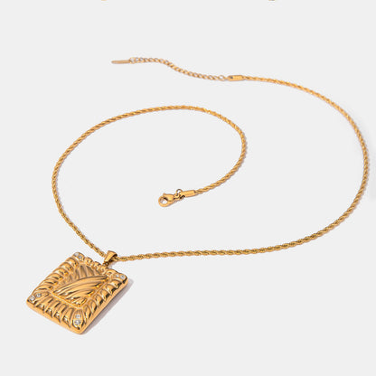 Stainless Steel Inlaid Rhinestone Rectangle Shape Pendant Necklace - AppealingDiamond.com