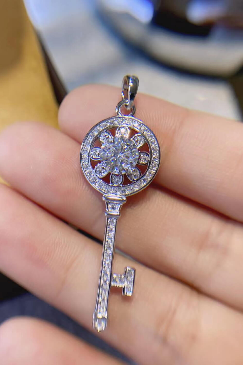 1 Carat Moissanite Platinum-Plated Key Pendant Necklace