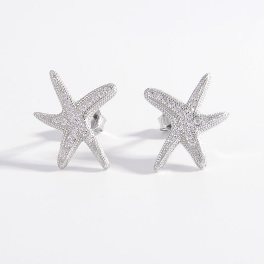 925 Sterling Silver Inlaid Zircon Starfish Earrings - AppealingDiamond.com