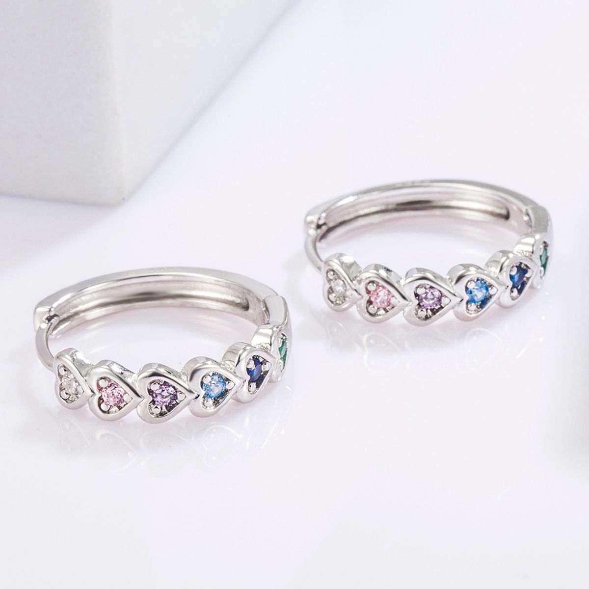 925 Sterling Silver Inlaid Zircon Heart Huggie Earrings - AppealingDiamond.com