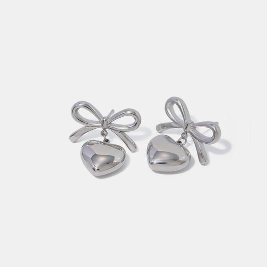 Stainless Steel Bow & Heart Drop Earrings - AppealingDiamond.com