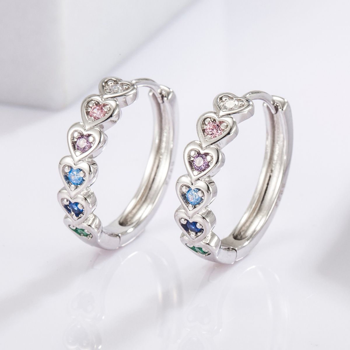 925 Sterling Silver Inlaid Zircon Heart Huggie Earrings - AppealingDiamond.com