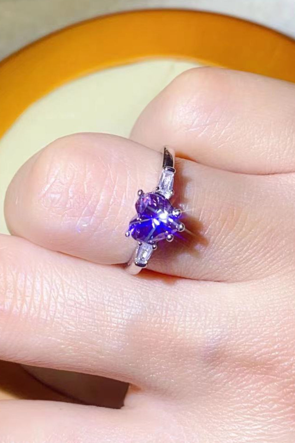 1 Carat Moissanite Heart-Shaped Platinum-Plated Ring in Purple